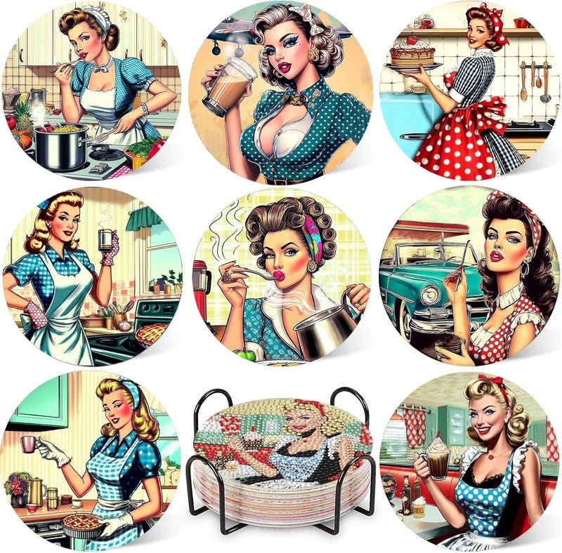 DOTZSO 8 Pcs Retro Diamond Art Coaster Kits with Holder,Diamond Painting Coasters for Adults Beginners,Party Home Decor Abstract,Fun Gifts for Women - Image 1